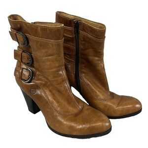 Born Booties Ankle Boots size 6/36.6 Brown Leather Zip Closure Heels Buckels